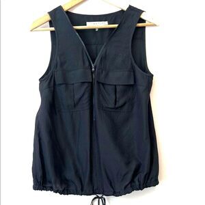 Trina Turk Silk V-Neck Zip Blouse Blouson Whimsigoth Office Glam Black Medium